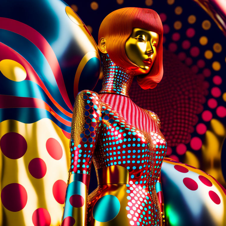 Colorful digital image of golden-skinned female mannequin in dotted bodysuit against abstract backdrop