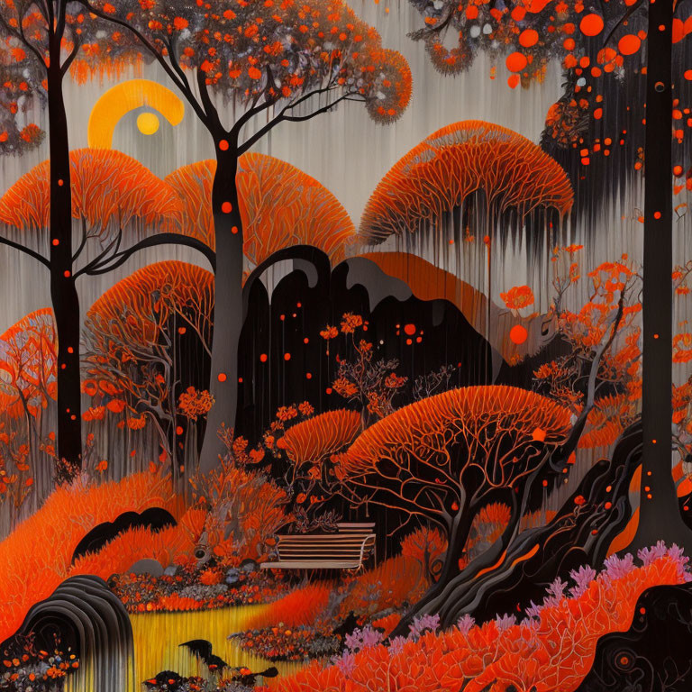 Vibrant artwork of enchanting forest with fiery foliage, dark hills, and golden moon.