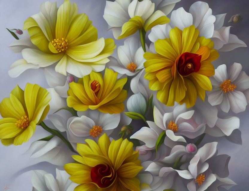 Detailed Yellow and White Flowers in Oil Painting