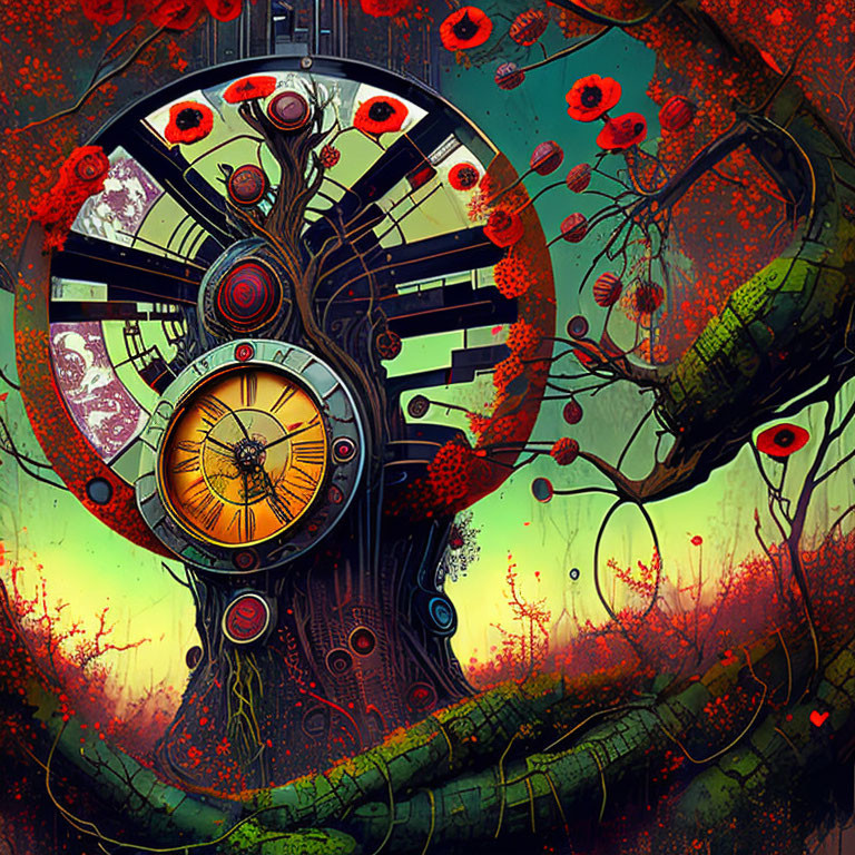 Mystical tree with mechanical elements on clock face in vibrant artwork