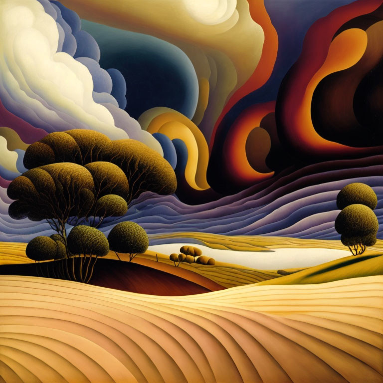 Surreal landscape with rolling hills, dramatic sky, and round trees