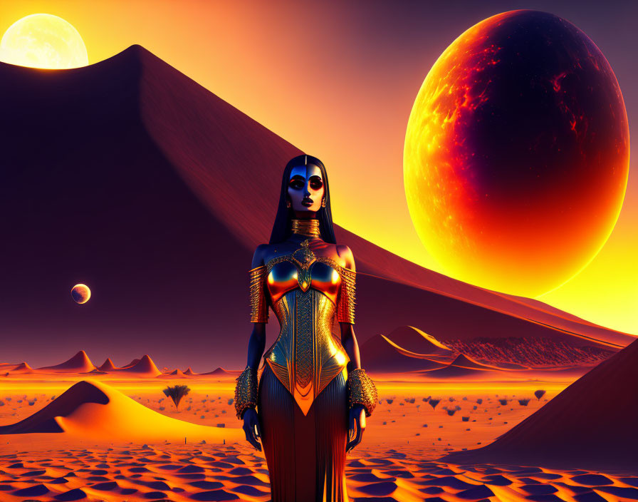 Sci-fi female warrior in armor on desert planet under alien sky