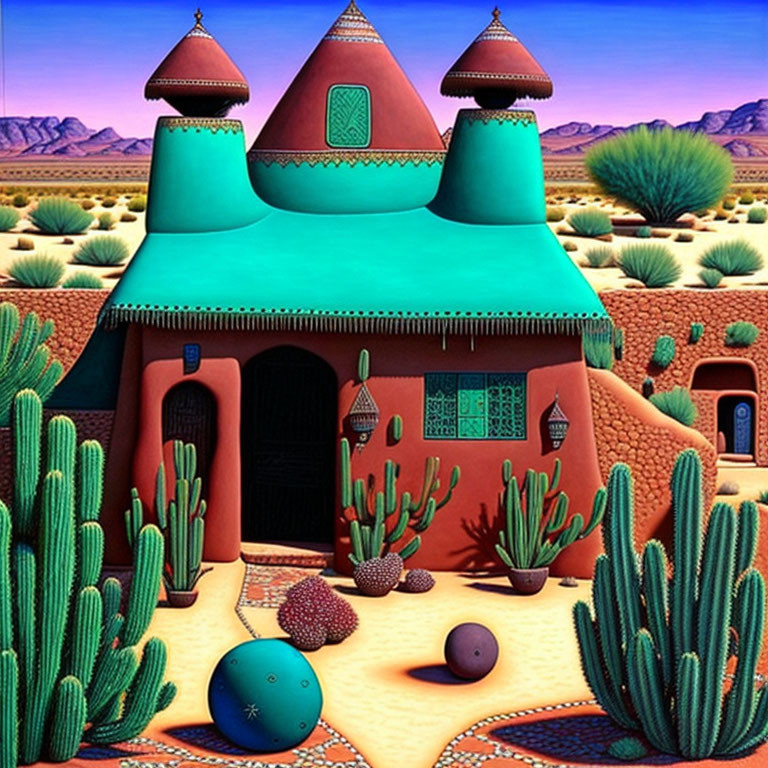 Desert scene painting with stylized brown house, turquoise roof, cacti, blue sky