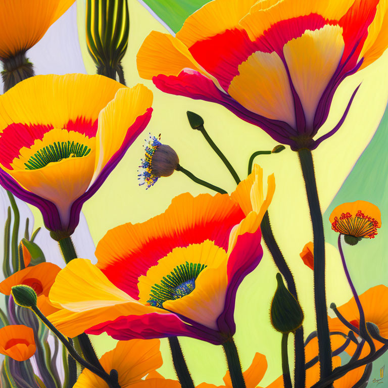 Colorful Poppy Flowers Illustration on Pastel Background