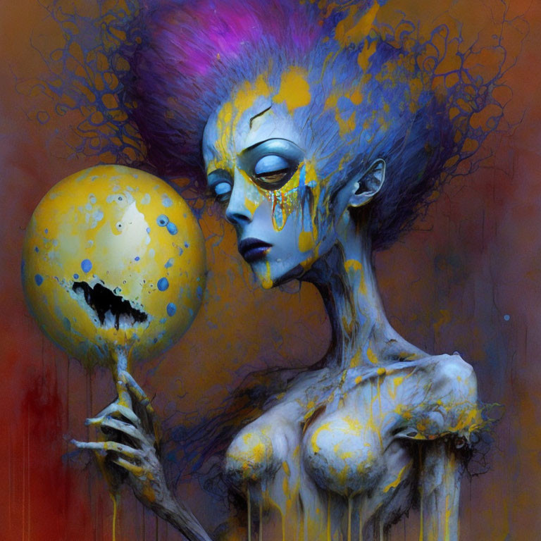 Surreal portrait of otherworldly female figure with purple hair and yellow orb on red background