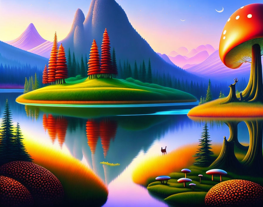 Surreal Landscape with Mirrored Reflections and Whimsical Elements