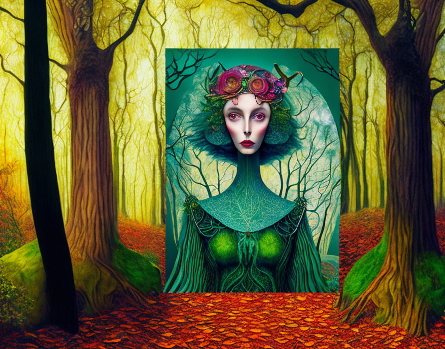 Fantastical portrait of woman with pale skin and dark lips in nature-themed headdress against mystical forest