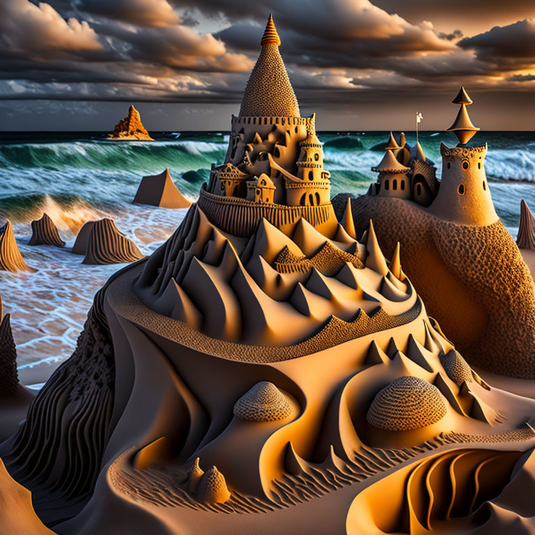 Intricately sculpted sandcastle with multiple towers against dramatic sunset sky.