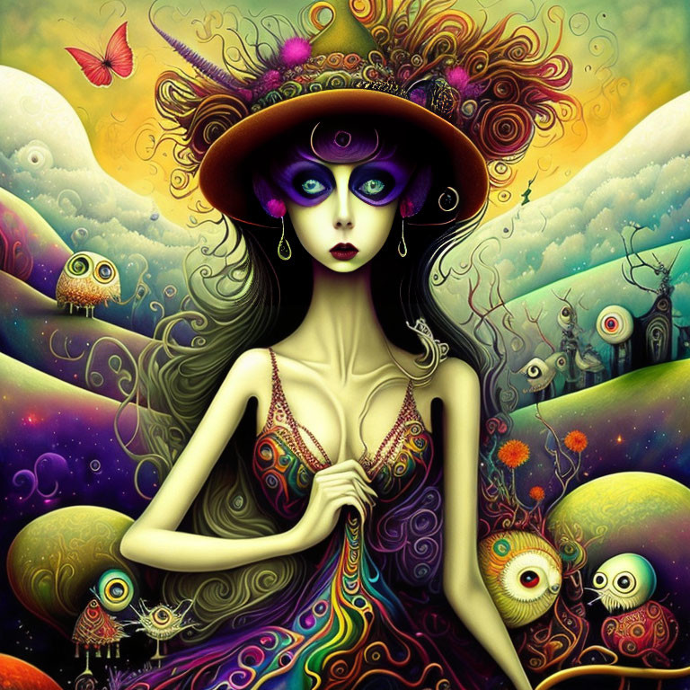 Colorful digital artwork: Stylized woman with exaggerated features in surreal landscapes