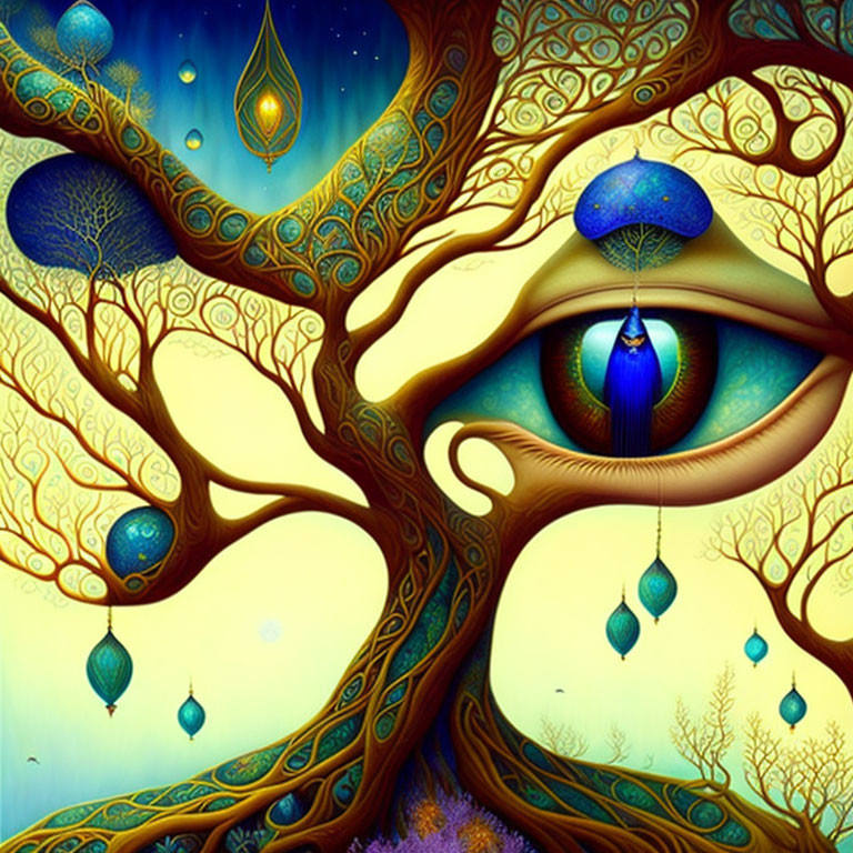 Surreal tree with eye-shaped branches and peacock feather ornaments on starry background