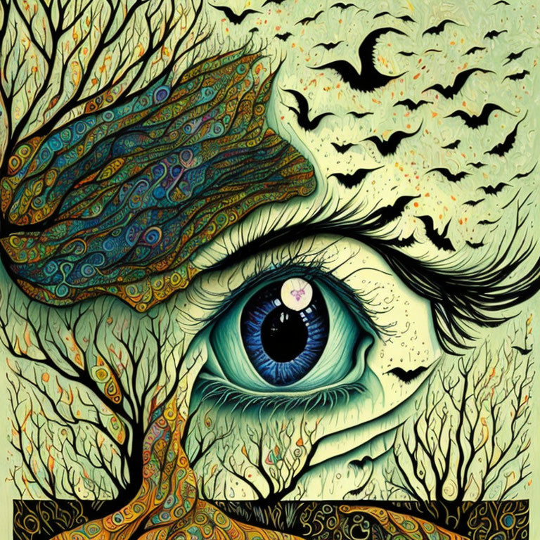 Vibrant blue eye in autumn forest with bats and leaves on green background