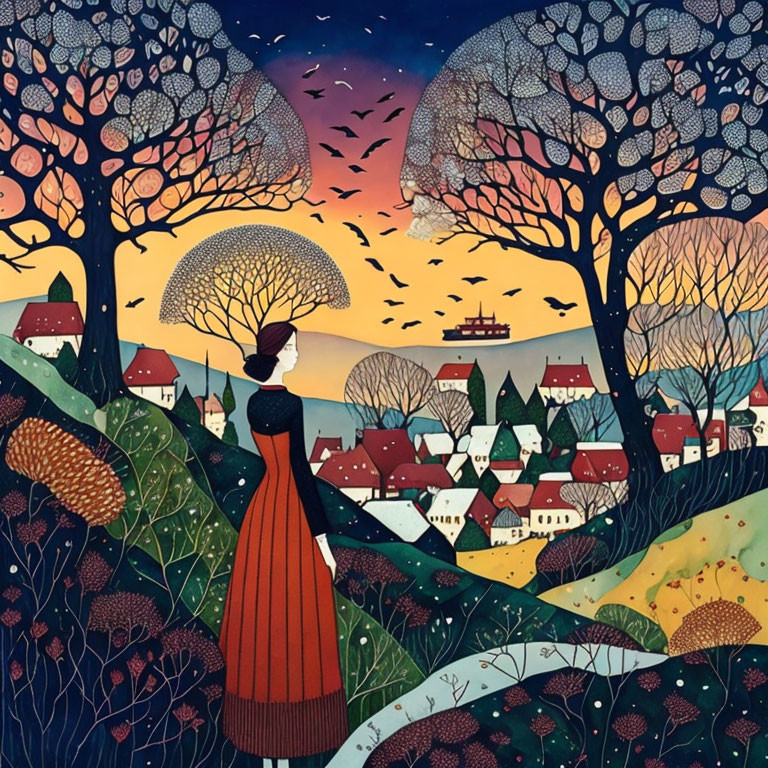 Stylized artwork of woman in red dress gazing at village in enchanting forest at sunset