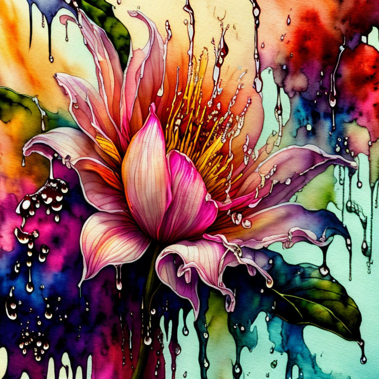 Colorful watercolor painting of stylized pink flower with abstract splashes