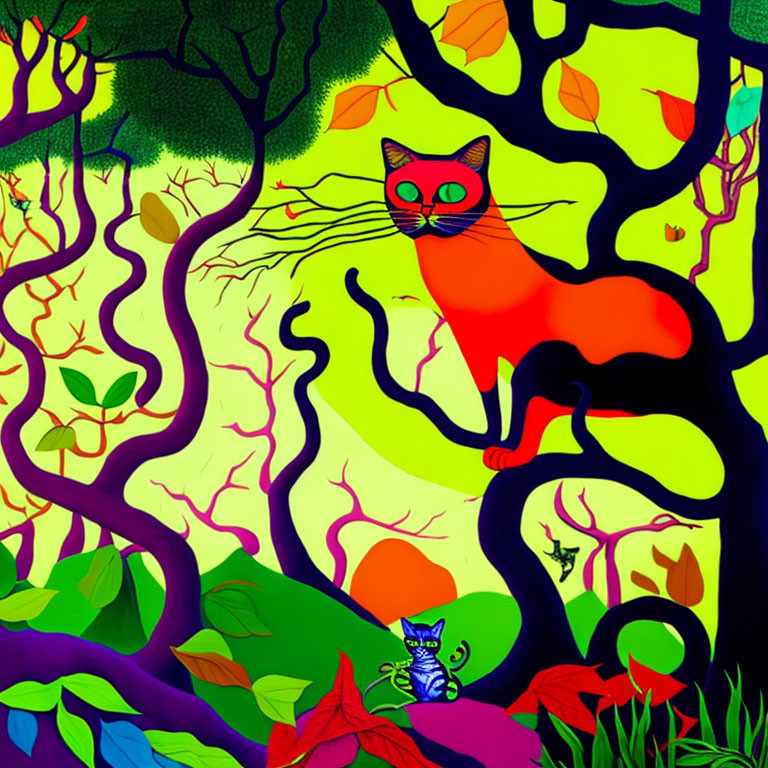 Colorful Illustration: Large Orange Cat with Red Eyes on Branch