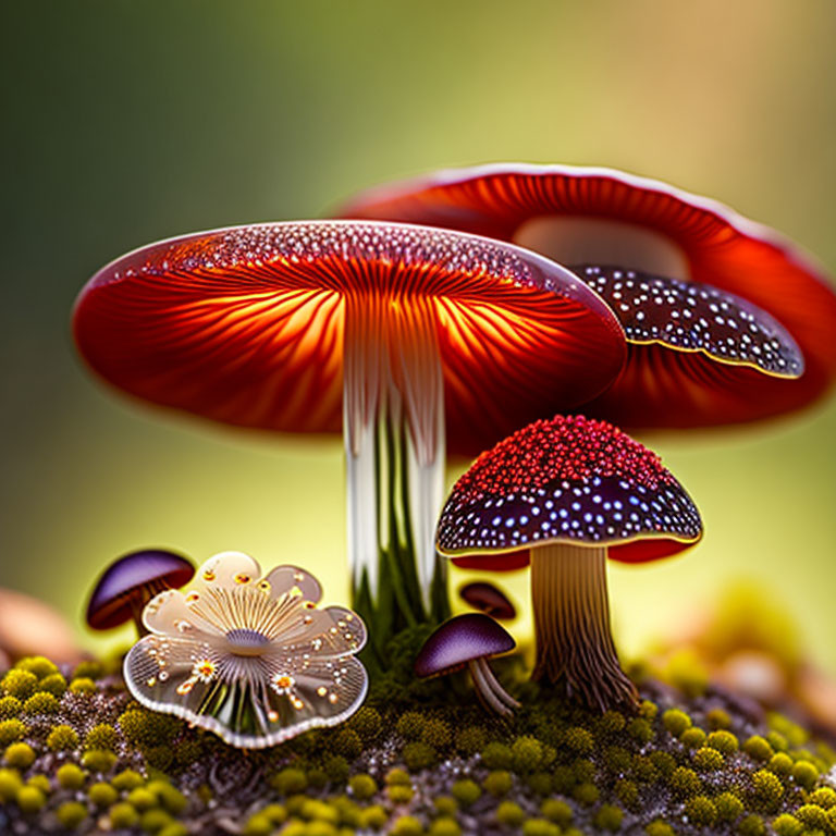 Vibrant mushrooms with glossy caps on moss, illuminated to showcase intricate gills.