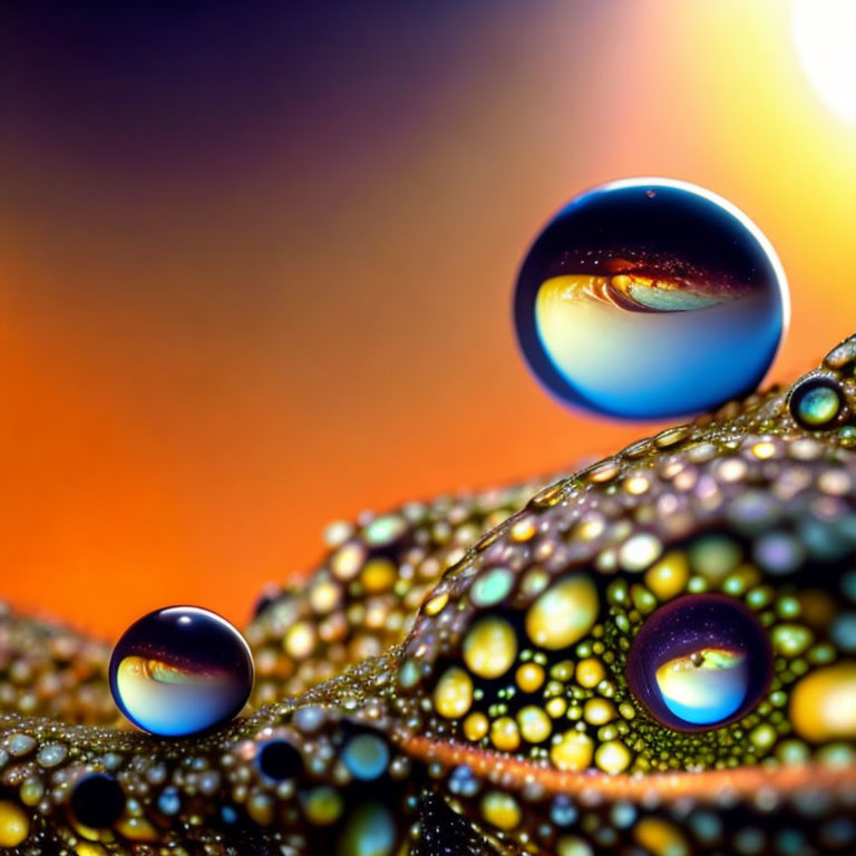 Colorful water droplets on textured surface with planet-like reflections