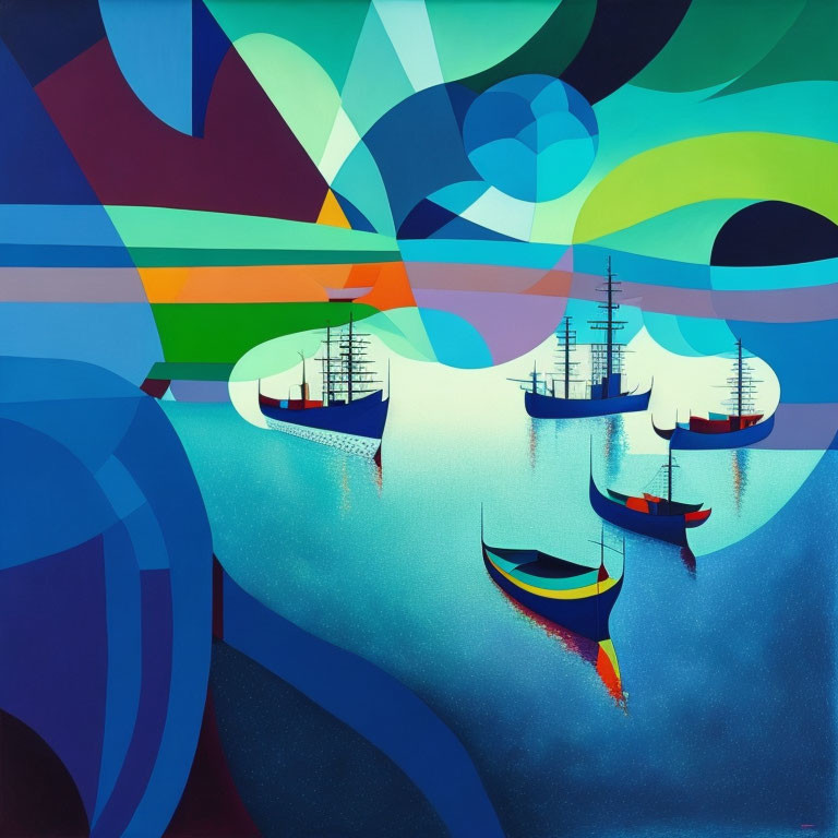 Vibrant abstract maritime painting with sailboats on stylized sea