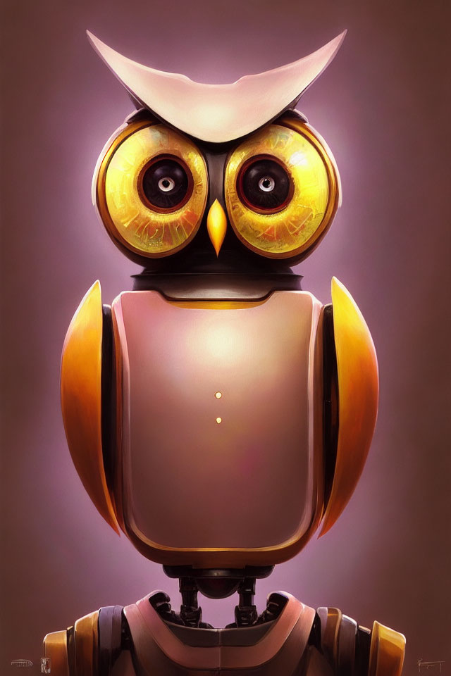 Robotic owl illustration with expressive eyes and metallic feathers