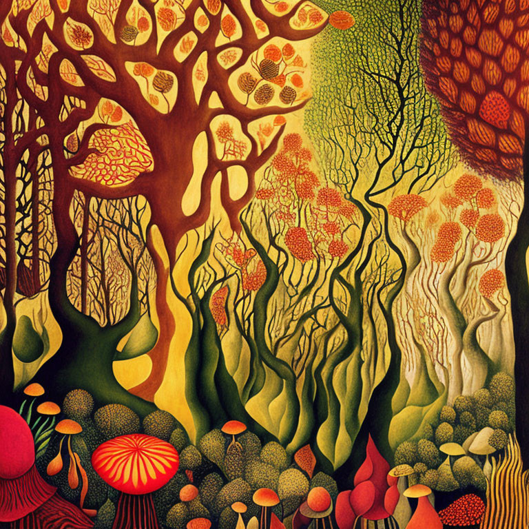 Colorful forest painting with stylized trees and mushrooms under amber sky