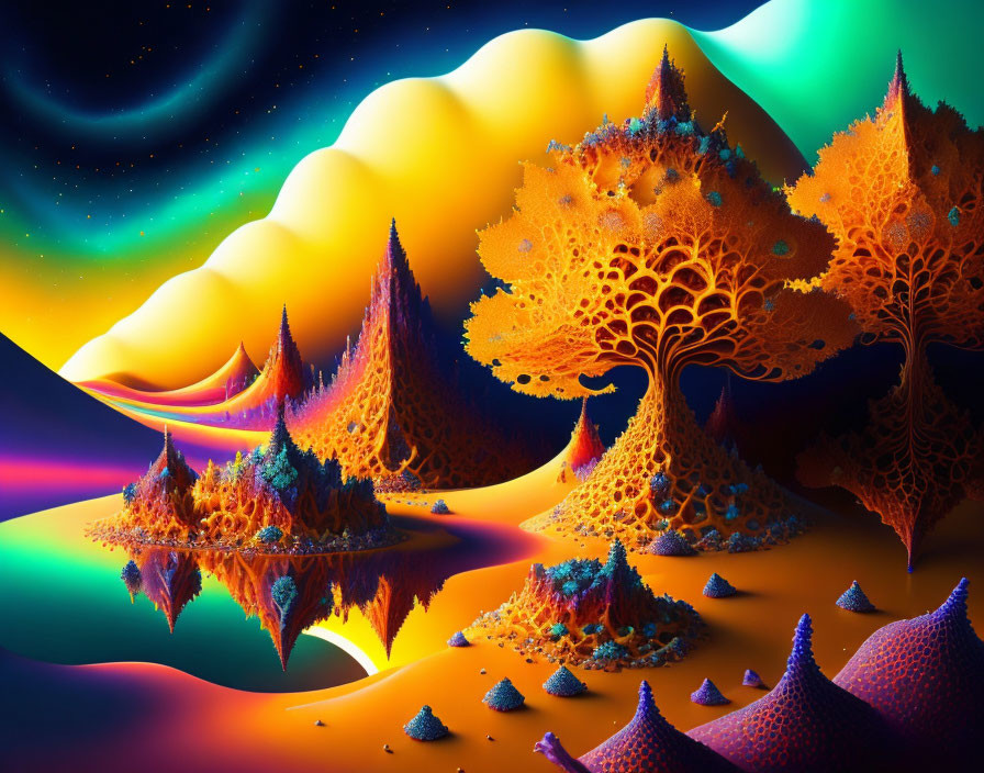 Surreal landscape digital art with neon trees under starry sky