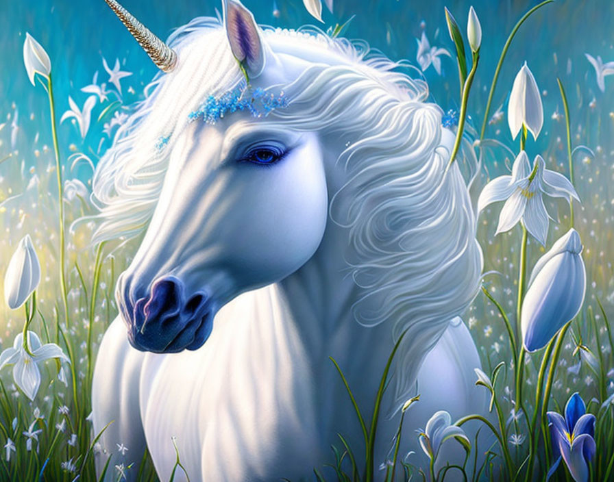 Majestic unicorn with spiraled horn in serene meadow among blooming lilies