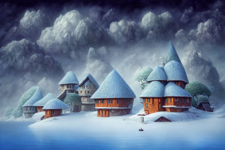 Snow-covered cottages by calm lake in misty mountains with figure rowing boat