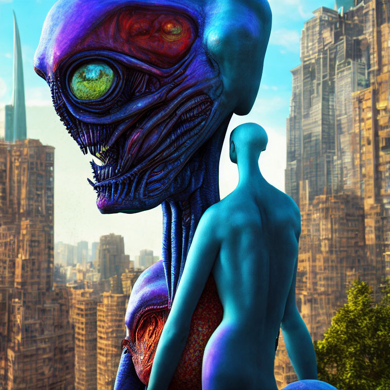 Colorful alien creature with one large eye and blue humanoid figure in futuristic cityscape