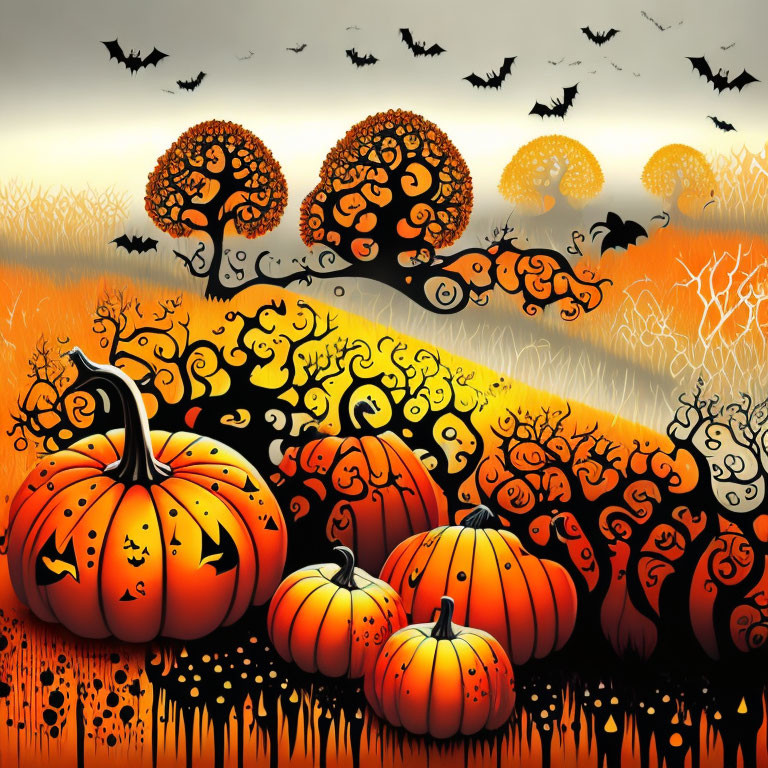 Spooky Halloween illustration with pumpkins, bats, and twisted trees