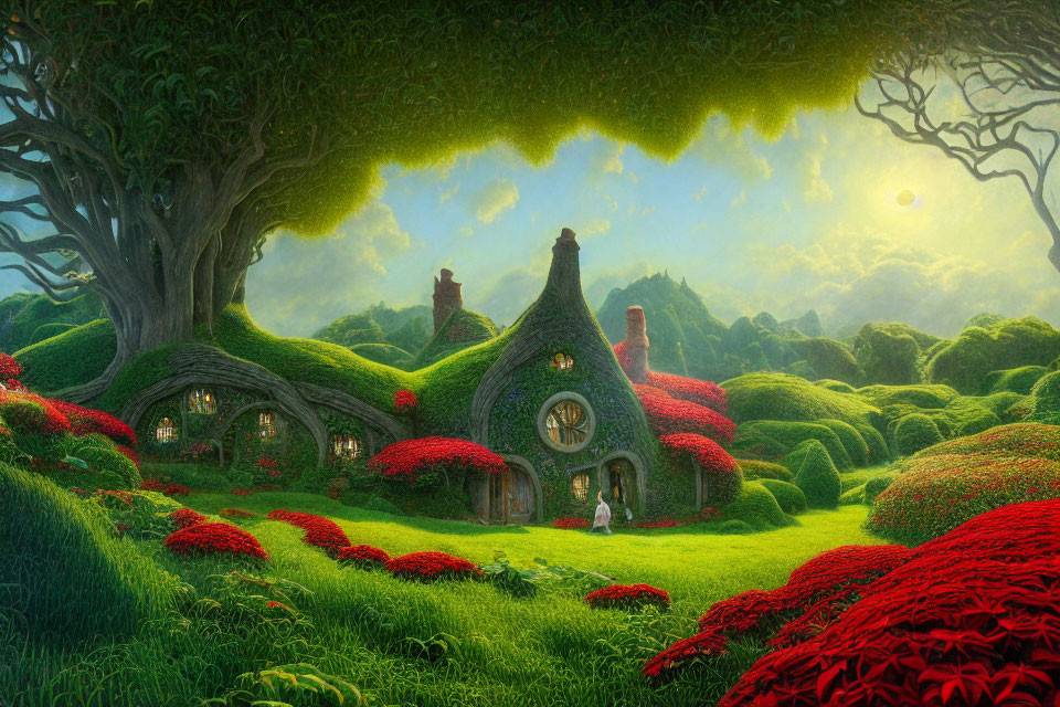 Quaint cottage in lush fantasy landscape with red flowers