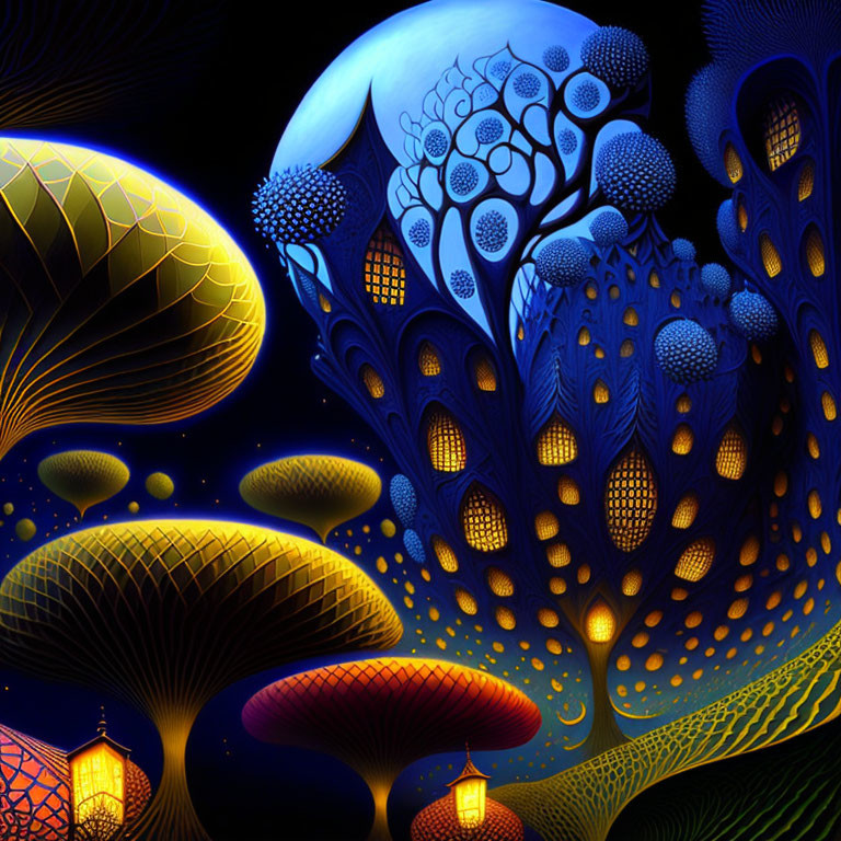 Colorful digital art: luminescent mushrooms, glowing moon, vibrant landscape