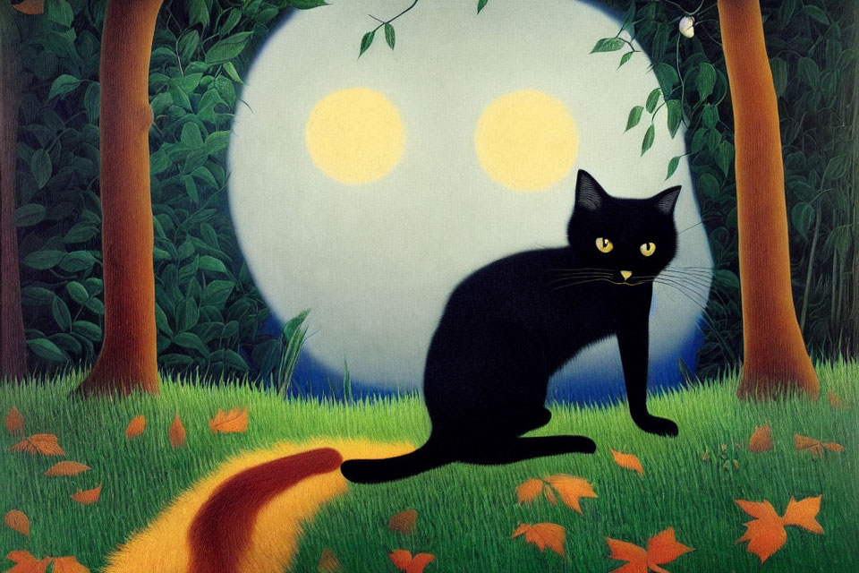 Black cat with yellow eyes in nighttime garden under full moon