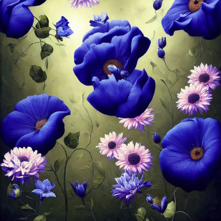 Colorful painting of blue and purple flowers with pink accents on moody backdrop