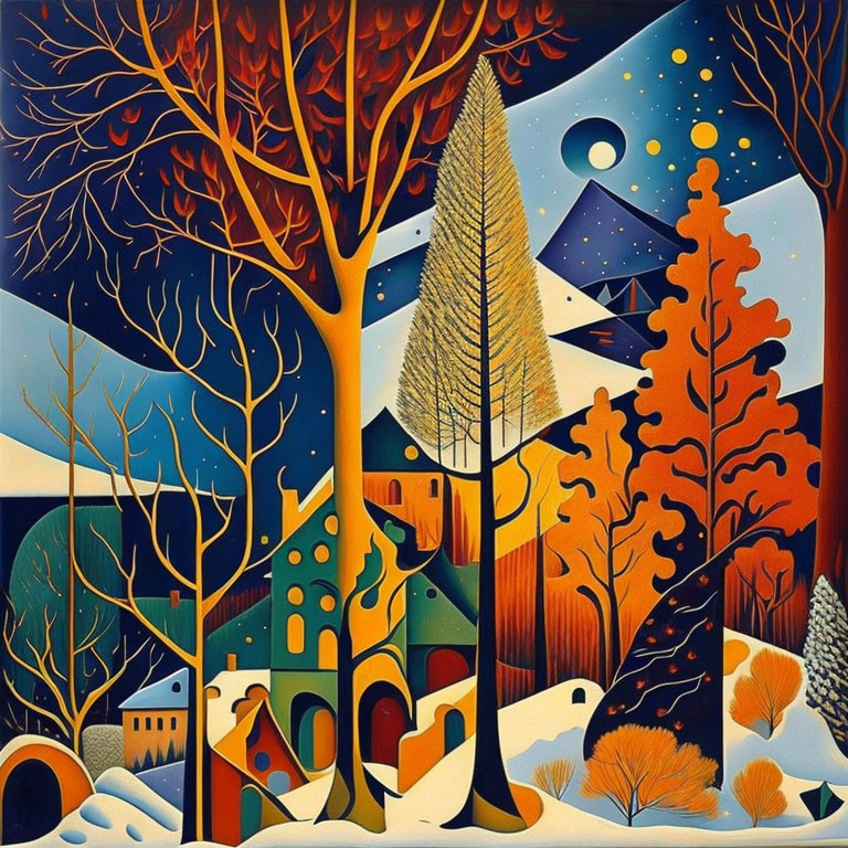 Colorful landscape painting with trees, starry sky, and whimsical buildings