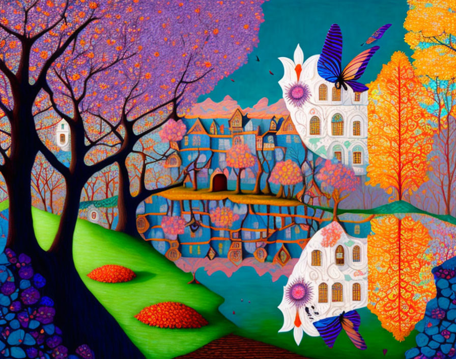 Colorful whimsical painting of stylized houses and trees with butterfly-winged flowers