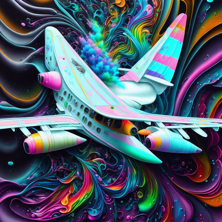 Colorful Psychedelic Airplane Illustration with Abstract Background