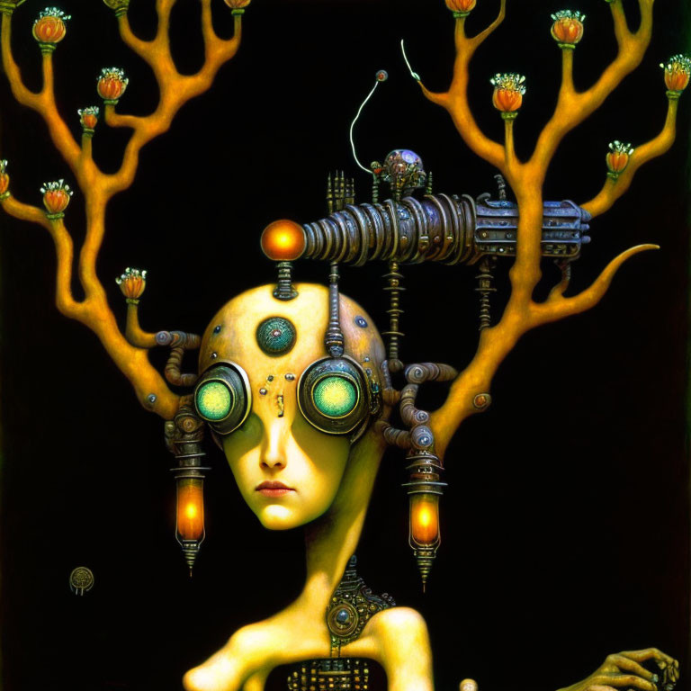 Surreal portrait of figure with tree head and mechanical goggles