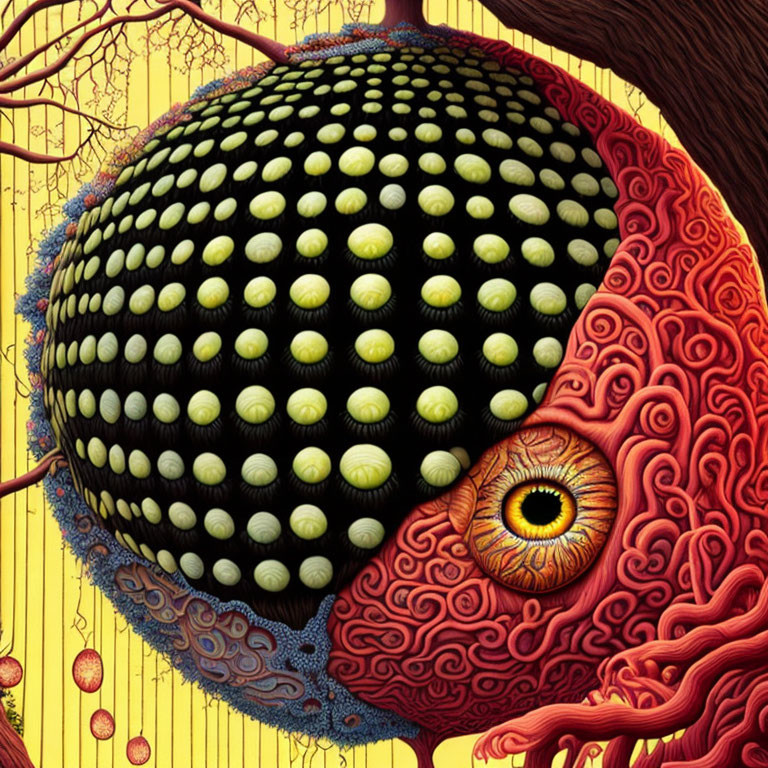 Surreal artwork with eye, tree-like structures, patterned sphere on golden background