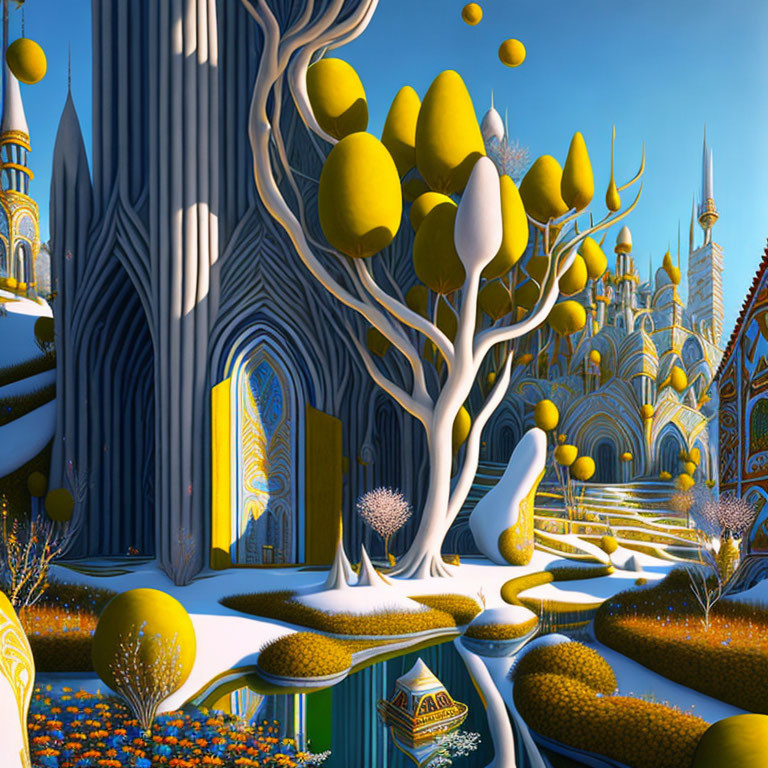 Fantastical landscape with yellow trees and spire-like structures