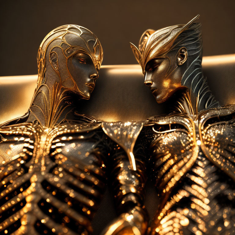 Intricately designed metallic statues facing each other closely