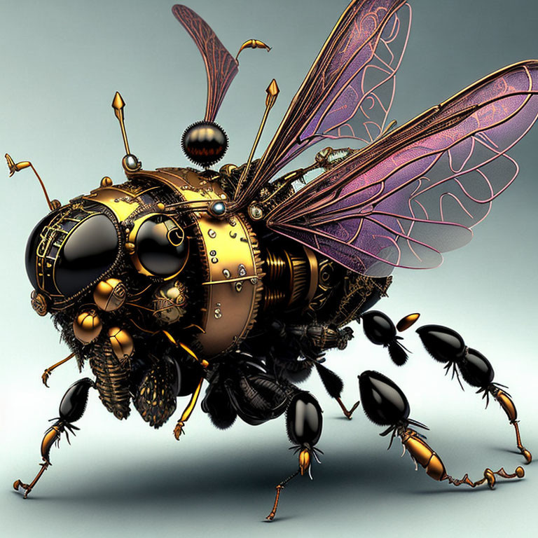 Steampunk-inspired digital artwork featuring a mechanical bee and ant-like robots