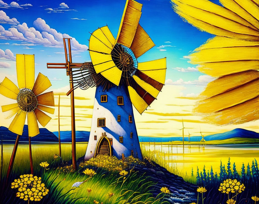 Colorful Windmill Landscape Painting with Yellow Sails and Blue Sky