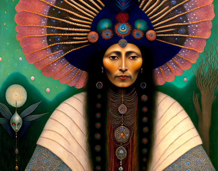 Portrait of a person with indigenous features and peacock feather headdress against cosmic backdrop