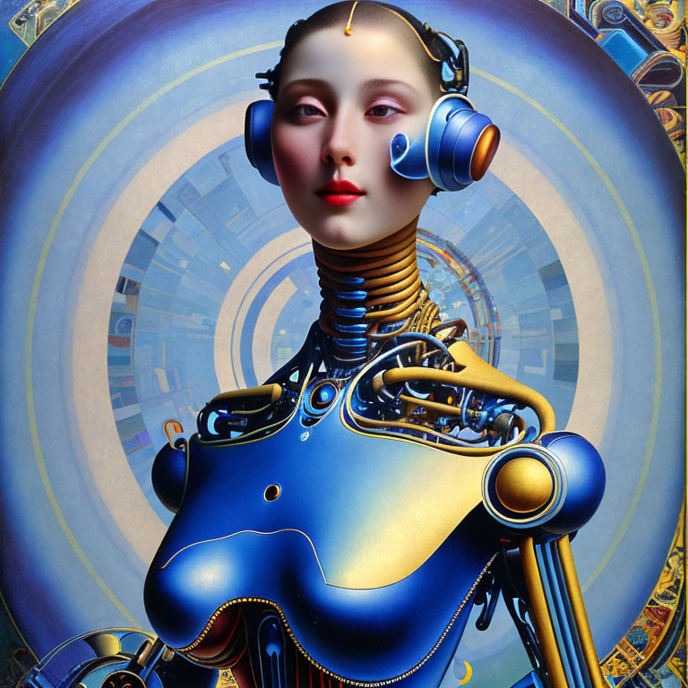 Surreal portrait of robotic woman with intricate mechanical neck against geometric backdrop