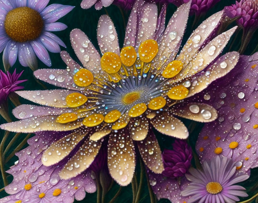 Vibrant purple flower with water droplets in dark setting