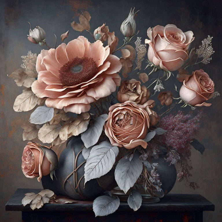 Blush-toned flowers still life on dark background