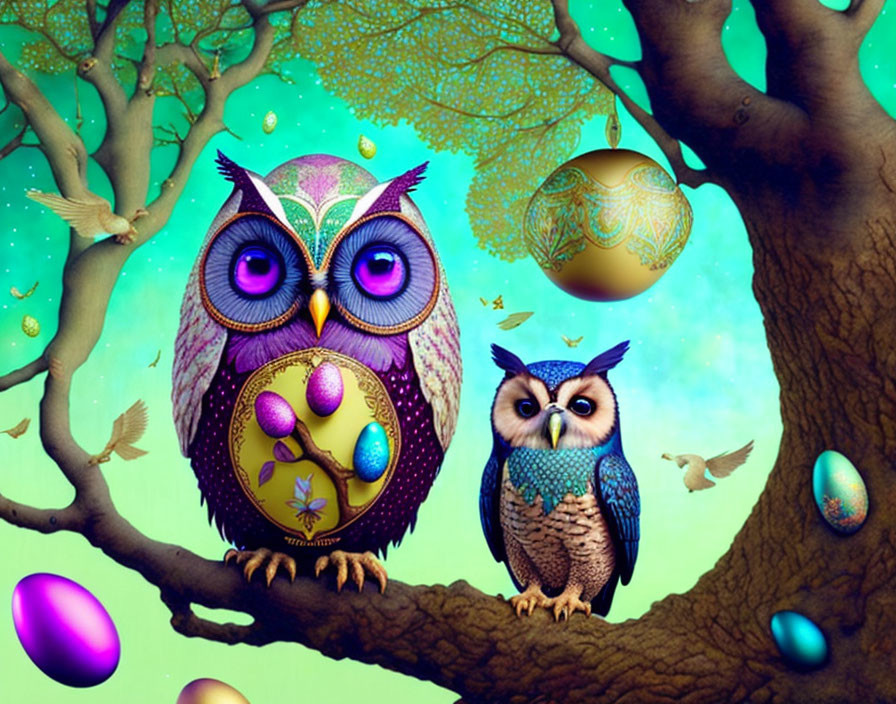 Colorful Stylized Owls Perched on Branch with Decorative Eggs in Vibrant Tree Setting