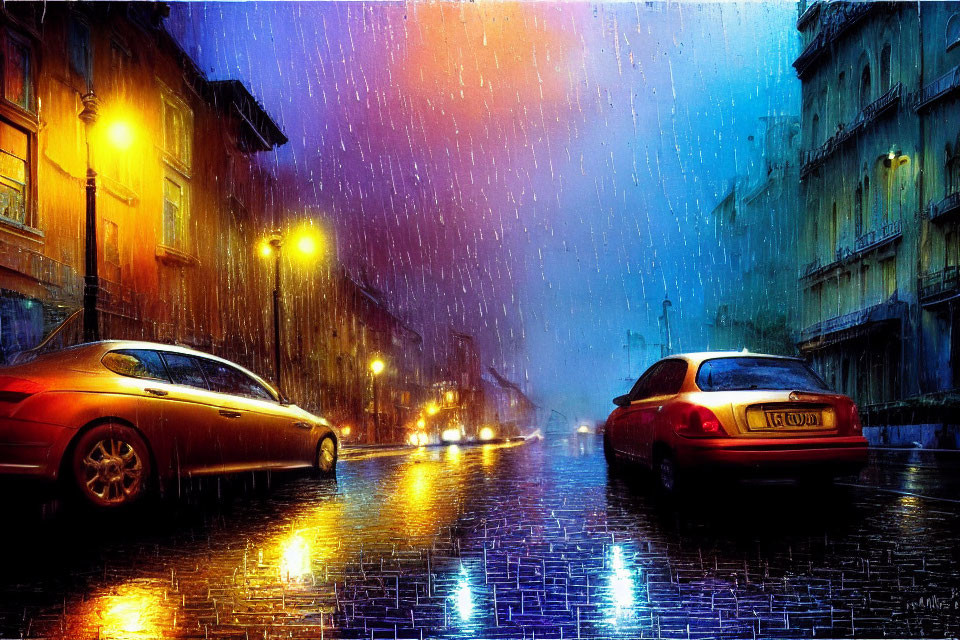 City street at night with colorful reflections on wet pavement in heavy rain