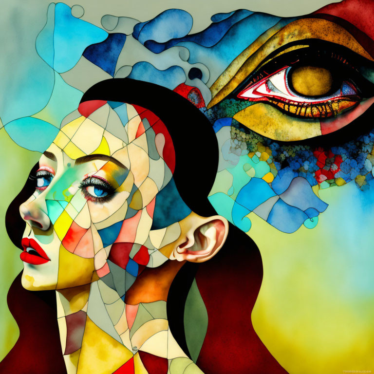 Colorful Abstract Art: Woman's Face with Geometric Shapes and Eye