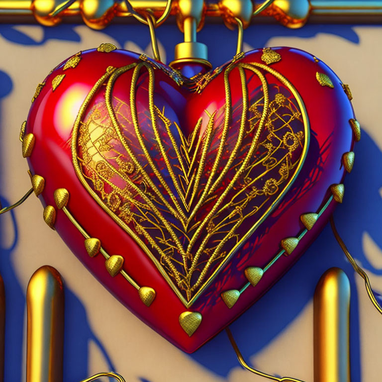 Red and Gold Heart Ornament on Blue Background with Gold Accents