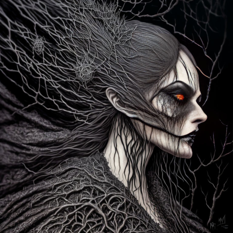 Gothic image of person with pale skin, black lips, red eyes, and intricate web patterns